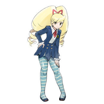 1girl blonde_hair blue_dress blue_pantyhose bow byte_(grunty-hag1) dress drill_hair green_eyes hair_bow hand_on_own_hip long_hair luna_platz_(mega_man) mega_man_(series) mega_man_star_force_(series) pantyhose red_bow simple_background smile striped_clothes striped_pantyhose twin_drills very_long_hair white_background