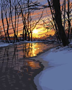 atichii bare_tree blue_sky cloud cloudy_sky evening gradient_sky ice landscape no_humans original outdoors pixel_art pond scenery sky snow sun sunset tree winter yellow_sky