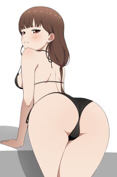 1girl absurdres arm_support ass back bikini black_bikini breasts brown_eyes closed_mouth coro_fae from_behind gluteal_fold highres iino_miko kaguya-sama_wa_kokurasetai_~tensai-tachi_no_renai_zunousen~ leaning_forward long_hair looking_at_viewer looking_back medium_breasts shoulder_blades sideboob solo strap_gap swimsuit thighs