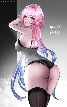 1girl artist_name ass black_bra black_panties black_thighhighs blue_hair bra bra_peek breasts clothes_lift commentary cyrene_(honkai:_star_rail) cyrene_(ripples_of_past_reverie)_(honkai:_star_rail) diamond-shaped_pupils diamond_(shape) dress dress_lift english_commentary ern_kri from_behind gradient_hair grey_dress highres honkai:_star_rail honkai_(series) like_and_retweet long_hair looking_at_viewer medium_breasts multicolored_hair panties pink_hair pointy_ears purple_eyes sideboob solo symbol-shaped_pupils thighhighs two-tone_hair underwear very_long_hair