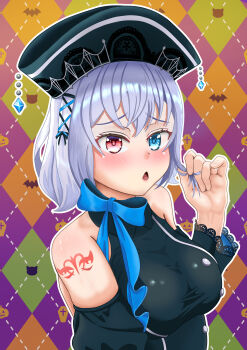 Rule 34 | 1girl, absurdres, aqua hat, argyle background, arm at side, assault lily, bare shoulders, bat (animal), black ribbon, black shirt, blue eyes, blue ribbon, blush, breasts, colorful background, detached sleeves, fingernails, green background, grey hair, hair ribbon, halloween costume, hand up, hat, heterochromia, highres, holding, holding own hair, jack-o&#039;-lantern, jiangshi costume, lace-trimmed sleeves, lace trim, long sleeves, looking at viewer, medium breasts, nanatsuki (nanatuki 4), neck ribbon, official alternate costume, orange background, outline, parted lips, purple background, qingdai guanmao, raised eyebrows, red eyes, ribbon, shirt, short hair, shoulder tattoo, sleeveless, sleeveless shirt, solo, tattoo, torii miho, tress ribbon, upper body, white outline