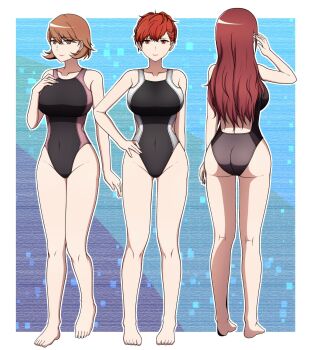 3girls ass bare_shoulders breasts brown_hair competition_swimsuit earrings from_behind highleg highleg_leotard highres jewelry kirijou_mitsuru large_breasts leotard long_hair looking_at_viewer multiple_girls one-piece_swimsuit persona persona_3 persona_3_portable red_eyes red_hair shiomi_kotone short_hair sleeveless swimsuit takeba_yukari zakuro_juice
