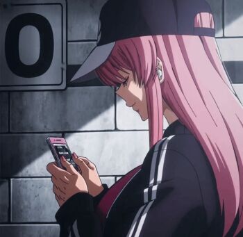 1girl 2025 20s animated animated_gif baseball_cap breasts byobugaura_homare cellphone closed_eyes earbuds earphones hat iphone large_breasts long_hair nail_polish phone pink_hair pink_sports_bra smartphone smile sports_bra subway subway_station tagme tougen_anki