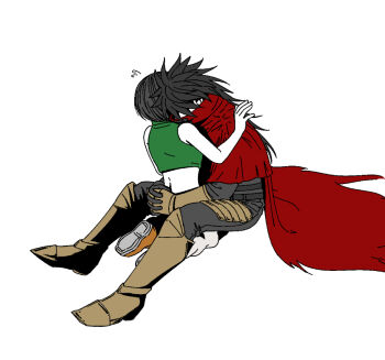 1boy 1girl armored_boots arms_around_waist bare_arms bare_shoulders black_gloves black_hair black_pants boots clawed_gauntlets cloak couple crop_top final_fantasy final_fantasy_vii final_fantasy_vii_rebirth final_fantasy_vii_remake full_body gloves green_shirt hair_over_eyes hetero hug kneeling long_hair loose_socks midriff orange_shoes pants red_cloak s_m_man shirt shoes short_hair sitting sleeveless sleeveless_turtleneck socks spiked_hair thigh_armor torn_cloak torn_clothes turtleneck vincent_valentine white_background yuffie_kisaragi