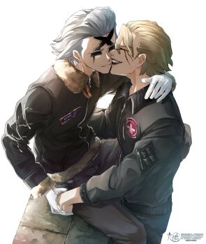 2boys absurdres black_jacket black_lips blonde_hair bomber_jacket closed_eyes dr._stone fur-trimmed_jacket fur_trim gloves grey_hair hair_slicked_back highres holding_hands imminent_kiss jacket long_sleeves makeup male_focus mitsuru_(aica_hikari) multiple_boys open_mouth pants scar scar_on_face scar_on_forehead short_hair simple_background sitting smile stanley_snyder_(dr.stone) white_background white_gloves xeno_(dr.stone) yaoi