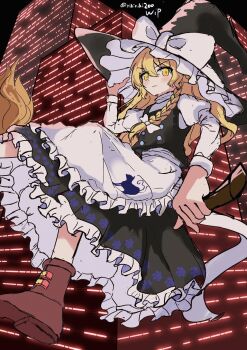 Rule 34 | 1girl, apron, artist name, black skirt, blonde hair, boots, bow, broom, broom riding, brown boots, building, commentary, frilled apron, frilled skirt, frills, hair between eyes, hat, hat bow, highres, kirisame marisa, looking at viewer, night, rikiriki200, skirt, skyscraper, solo, touhou, unfinished, white apron, white bow, witch hat, yellow eyes