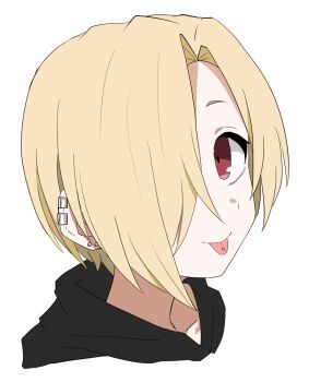 1girl :p blonde_hair closed_mouth commentary cropped_head earclip hair_over_one_eye halulu highres idolmaster idolmaster_cinderella_girls looking_at_viewer one_eye_covered piercing portrait red_eyes shirasaka_koume short_hair simple_background smile solo tareme tongue tongue_out tongue_piercing white_background