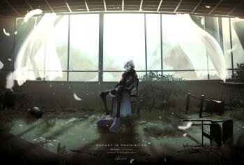 absurdres ahoge between_legs black_coat black_eyes black_gloves bush ca_mei chair coat commentary curtains fingerless_gloves full_body fuwa_minato fuwa_minato_(4th_costume) gloves grass grey_hair hair_between_eyes hair_ornament hairclip hand_between_legs highres indoors long_sleeves looking_ahead male_focus mask microphone multicolored_hair nijisanji official_alternate_costume on_chair parted_bangs see-through_curtains short_hair solo streaked_hair unworn_mask virtual_youtuber window