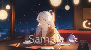 Rule 34 | 1girl, ahoge, bella (honkai impact), benares (honkai impact), breasts, brown coat, character doll, chinese commentary, cityscape, coat, commentary request, commission, cup, doll, euzh266, grey sweater, high ponytail, highres, honkai (series), honkai impact 3rd, indoors, kiana kaslana, kiana kaslana (herrscher of the void), long hair, medium breasts, night, night sky, ponytail, restaurant, sample watermark, sky, solo, sweater, tablet pc, teacup, very long hair, watermark, white hair, yellow eyes
