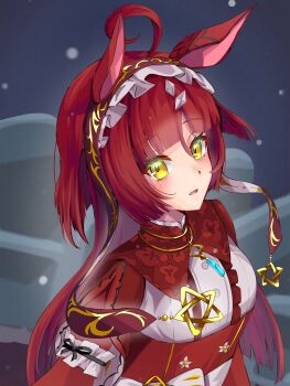 1girl ahoge animal_ears blunt_bangs blush breasts commentary_request grey_background hair_between_eyes hair_ornament highres horse_ears horse_girl jewelry looking_at_viewer nanatu-makura necklace red_desire_(umamusume) red_hair simple_background small_breasts solo umamusume yellow_eyes