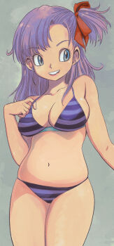 bikini bow bulma commentary_request cowboy_shot curvy dragon_ball grey_background hair_bow highres long_hair looking_to_the_side muramasa_mikado navel one_side_up plump purple_bikini purple_eyes purple_hair red_bow red_ribbon ribbon skindentation smile strap_pull striped_bikini striped_clothes swimsuit teeth thighs