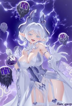 absurdres armored_corset breasts demon_girl demon_horns demon_wings duel_monster eradicator_epidemic_virus grey_eyes highres holding_beaker horns looking_at_viewer lovely_labrynth_of_the_silver_castle low_wings pointy_ears rare_lemon transparent_wings virus white_horns wings yu-gi-oh!