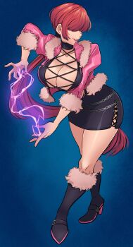 1girl ass boots breasts cleavage_cutout clothing_cutout curvy dress electricity female_focus fishnets fluffy heart heel_up high_heels huge_ass huge_breasts jacket large_breasts long_hair missandydandy orochi_shermie pale_skin ponytail red_hair shermie_(kof) skirt smile standing the_king_of_fighters thick_thighs thighs thunder