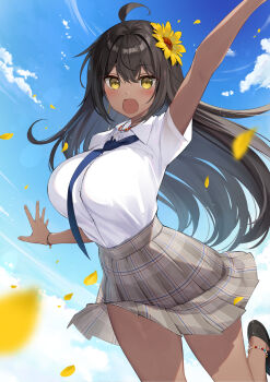 1girl ahoge arm_up black_hair blue_necktie blue_sky blurry blurry_foreground blush breasts character_request collared_shirt commentary_request cover cover_image cover_page dark-skinned_female dark_skin earrings floating_hair flower hair_flower hair_ornament highres huge_breasts jewelry kasshoku_musume_no_latina-san_ni_ore_no_karada_ga_nerawarete_iru latina_olavomiwa long_hair necklace necktie novel_cover novel_illustration official_art open_mouth oryo_(oryo04) outdoors plaid_clothes plaid_skirt school_uniform shirt shirt_tucked_in short_sleeves skirt sky solo sunflower very_long_hair white_shirt wind wind_lift wing_collar yellow_eyes