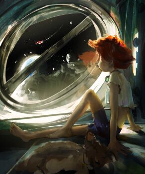 Rule 34 | 1girl, arm support, asteroid, bare back, barefoot, bike shorts, black shorts, black sky, blush, breasts, brown dog, brown eyes, commentary, cowboy bebop, crop top, crop top overhang, cropped shirt, dark-skinned female, dark skin, dog, edward wong hau pepelu tivrusky iv, ein (cowboy bebop), english commentary, full body, goggles, goggles around neck, green-tinted eyewear, hair between eyes, hand on ground, highres, knees up, looking outside, messy hair, midriff, moon, on ground, parted lips, red hair, reflection, seventbs, shiny clothes, shirt, short hair, short sleeves, shorts, sitting, sky, sleeping, small breasts, soles, solo, space, spacecraft, spacecraft interior, star (sky), starry sky, swordfish ii, t-shirt, tinted eyewear, toes, tomboy, welsh corgi, white shirt, window