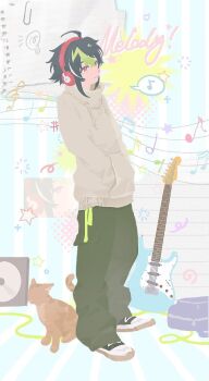 Rule 34 | 1boy, ahoge, alternate costume, black hair, black pants, brown jacket, cat, closed mouth, colored speech bubble, commentary, full body, guitar, hair between eyes, hands in pockets, highres, inami rai, instrument, jacket, long sleeves, looking at viewer, multicolored hair, musical note, nijisanji, pants, red eyes, short hair, smile, solo, speech bubble, spoken musical note, streaked hair, symbol-only commentary, virtual youtuber, worenne333