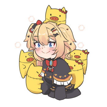 Rule 34 | 1girl, akai haato, akai haato (gothic lolita), atpoppet, black capelet, black dress, black flower, black rose, blonde hair, blue eyes, blush, bow, bowtie, capelet, closed mouth, commentary, cropped torso, dress, flower, frilled capelet, frills, haaton (akai haato), hair between eyes, hair bow, hair ornament, hairclip, heart, heart hair ornament, highres, hololive, hug, long hair, official alternate costume, official alternate hairstyle, red bow, red bowtie, romaji commentary, rose, simple background, smile, stuffed animal, stuffed pig, stuffed toy, two side up, virtual youtuber, white background, x hair ornament