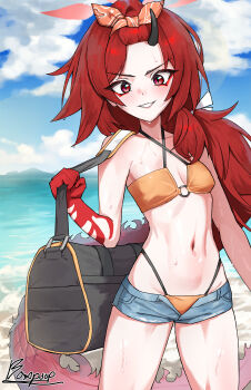 1girl absurdres bangs_pinned_back beach bikini bikini_bottom_under_shorts bikini_under_clothes blue_archive blue_sky breasts commentary day denim denim_shorts dragon_girl dragon_horn dragon_tail english_commentary forehead hairband highres horns long_hair looking_at_viewer navel o-ring o-ring_bikini ocean official_alternate_costume open_clothes open_shorts orange_hairband outdoors poopman red_eyes red_hair red_tail renge_(blue_archive) renge_(swimsuit)_(blue_archive) shorts single_horn sky small_breasts swimsuit tail very_long_hair yellow_bikini