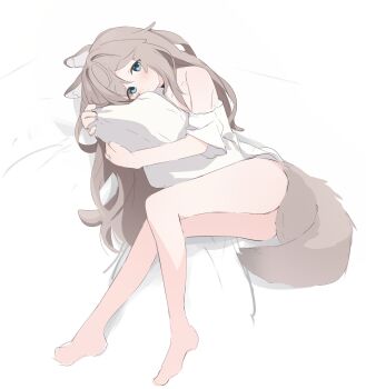 1girl absurdres animal_ear_fluff animal_ears ass bare_shoulders barefoot bed_sheet blue_eyes blush brown_hair closed_mouth full_body highres hugging_object knees_together_feet_apart long_hair looking_at_viewer lying no_panties off_shoulder on_side original pillow pillow_hug riya_(01214) shirt short_sleeves solo tail very_long_hair white_background white_shirt