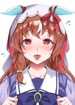 1girl animal_ears blush bow bowtie cherry_stem_knot collarbone ear_ribbon ears_down embarrassed flying_sweatdrops hair_over_shoulder highres horse_ears horse_girl long_hair metaninjin multicolored_hair open_mouth purple_bow purple_bowtie red_eyes red_hair red_ribbon ribbon sailor_collar school_uniform simple_background solo still_in_love_(umamusume) tongue tongue_out tracen_school_uniform umamusume variant_set veil white_background white_hair white_sailor_collar white_veil