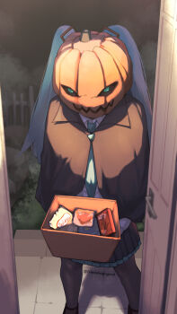 1girl absurdres aqua_hair aqua_necktie black_cloak black_skirt black_thighhighs cloak commentary doorway english_commentary fcgc_(friedalwaysgood) halloween halloween_costume hatsune_miku highres jack-o'-lantern looking_at_viewer miniskirt necktie night open_door pov_doorway pumpkin_mask shirt skirt solo thighhighs twintails vocaloid white_shirt