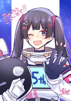 ! !! ;d anniversary astronaut black_gloves blue_background brown_hair commentary_request gloves grey_eyes hair_ornament hairclip helmet highres holding holding_unworn_helmet long_hair nijisanji one_eye_closed open_mouth pale_skin rabbit_hair_ornament sakura_yuto signature smile space_helmet straight_hair translation_request tsukino_mito twintails unworn_headwear unworn_helmet upper_body waving white_gloves x_hair_ornament