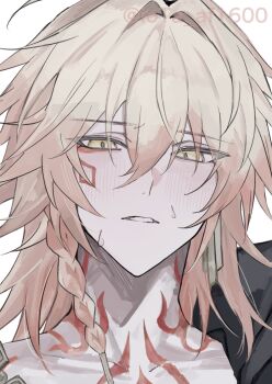 Rule 34 | 1boy, arm tattoo, black coat, blonde hair, blush, braid, clawed gauntlets, coat, earrings, facial tattoo, gold earrings, gold necklace, gradient hair, highres, honkai: star rail, honkai (series), iota 1600, jewelry, looking at viewer, male focus, medium hair, multicolored hair, mydei (honkai: star rail), neck tattoo, necklace, open clothes, open coat, parted lips, red hair, red tattoo, side braid, solo, sweat, tattoo, twitter username, yellow eyes