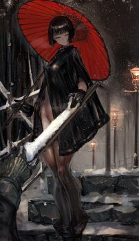 Rule 34 | 1boy, 1girl, absurdres, bamboo, black gloves, black hair, blunt bangs, clothing request, commentary, exhibitionism, fur-trimmed gloves, fur trim, gloves, hand on railing, handrail, highres, holding, holding umbrella, lamppost, looking at viewer, night, oil-paper umbrella, original, outdoors, pov, public indecency, short hair, snow, snowing, soleil (soleilmtfbwy03), solo, stairs, stone stairs, umbrella