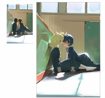 2girls absurdres against_wall belle_(zenless_zone_zero) blonde_hair blue_eyes blue_hair blush ear_ornament green_eyes hair_ornament highres kiss letter_hair_ornament looking_at_another multiple_girls ohoo_7am photo-referenced piper_wheel ribbon saliva school school_uniform sitting socks tongue tongue_out white_ribbon white_socks window yuri zenless_zone_zero