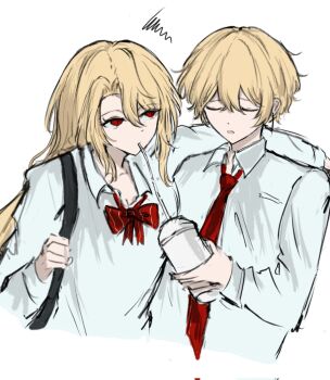 1boy 1girl alternate_costume arm_around_shoulder blonde_hair bow bowtie breast_pocket breasts cleavage clenched_hand closed_eyes closed_mouth collared_shirt contemporary cropped_torso cup disposable_cup don_quixote_(project_moon) drinking drinking_straw eyelashes facing_another hair_between_eyes hair_intakes hand_up hashtag-only_commentary highres holding holding_cup limbus_company long_hair long_sleeves looking_at_another necktie open_collar open_mouth pocket project_moon red_bow red_bowtie red_necktie rugatu_to sancho_(project_moon) school_uniform sharing_food shirt short_hair sinclair_(project_moon) sketch slit_pupils squiggle striped_bow striped_bowtie striped_clothes tsurime white_shirt white_sleeves wing_collar