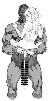 1boy 1girl absurdres after_anal aftersex ass bad_id bad_twitter_id bar_censor blush censored cum cum_in_ass cumdrip daftbonkers gaping gimp_mask greyscale highres huge_penis idolmaster idolmaster_cinderella_girls jougasaki_rika long_hair looking_at_viewer looking_back manly mask monochrome muscular nude penis simple_background size_difference spread_ass suspended_congress sweat tongue tongue_out two_side_up white_background