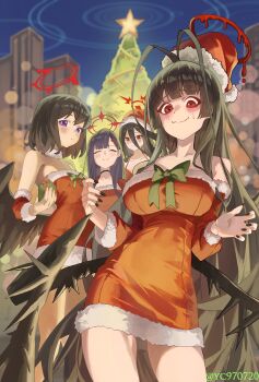 4girls ^_^ absurdres alternate_costume antenna_hair black_choker black_hair black_nails black_wings blue_archive blunt_bangs blurry blurry_background blush bokeh box breasts choker christmas_tree closed_eyes commentary_request depth_of_field detached_sleeves dress feathered_wings fingernails fur-trimmed_dress fur-trimmed_sleeves fur_choker fur_trim gift gift_box halo hasumi_(blue_archive) highres holding holding_box ichika_(blue_archive) justice_task_force_(blue_archive) korean_commentary large_breasts long_hair looking_at_viewer mashiro_(blue_archive) mole mole_under_eye multiple_girls nail_polish purple_eyes red_dress red_eyes red_halo santa_costume smile straight_hair strapless strapless_dress sweatdrop thighs tsurugi_(blue_archive) very_long_hair wings yc97