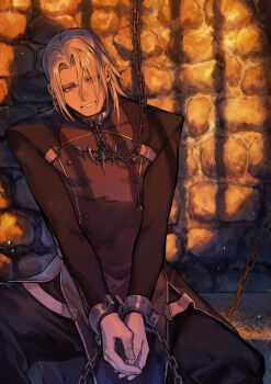 Rule 34 | 1boy, blonde hair, brooch, chain, chain around neck, colored eyelashes, cuffs, hair intakes, half-closed eyes, handcuffs, iron bars, jewelry, long sleeves, looking at viewer, male focus, official art, open mouth, pants, priest, prison, prison cell, prisoner, red eyes, rhyno (yuushakei ni shosu), shackles, shadow, sitting, solo, yuushakei ni shosu