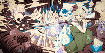 Rule 34 | 1girl, absurdres, bandaged arm, bandages, closed mouth, expressionless, flower, green eyes, green skirt, green vest, hairband, highres, hitodama, holding, holding sword, holding weapon, katana, konpaku youmu, konpaku youmu (ghost), medium hair, shirt, skeleton, skirt, spider lily, storrrrre (store4576), sword, touhou, vest, weapon, white hair, white shirt