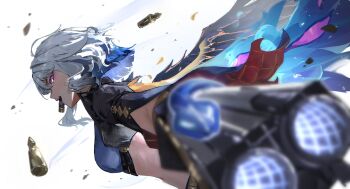 1girl absurdres aiming aiming_at_viewer black_wings blue_bra blue_hair blurry blurry_foreground bra breasts bullet commentary english_commentary erikvarts from_side galbrena_(wuthering_waves) grey_hair gun highres holding holding_gun holding_weapon looking_at_viewer medium_breasts medium_hair open_mouth profile purple_eyes sideways_glance simple_background solo underwear upper_body weapon white_background wings wuthering_waves