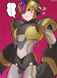 Rule 34 | ..., 1boy, annoyed, armor, black armor, black helmet, blurry, blurry background, blurry foreground, brown eyes, clenched hands, cowboy shot, facial mark, gold armor, gold helmet, helmet, highres, mega man (series), mega man x (series), nenndo100, parted lips, pink background, solo, speech bubble, twitter username, x-kai (mega man)