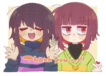 2others :d ahoge antenna_hair black_shirt blonde_hair blue_sweater blunt_bangs blush bob_cut border brown_hair chara_(undertale) closed_eyes closed_mouth colored_inner_hair commentary_request facing_viewer finger_heart frisk_(undertale) gold_necklace green_sweater hair_between_eyes hand_up hands_up heart heart_necklace highres jewelry jitome long_sleeves looking_to_the_side medium_hair mr0x0 multicolored_hair multiple_others necklace open_mouth other_focus outside_border pink_sweater puffy_long_sleeves puffy_sleeves red_eyes red_hair shirt sidelocks simple_background smile straight-on striped_clothes striped_sweater sweater tongue too_many_watermarks turtleneck turtleneck_shirt turtleneck_sweater two-tone_hair two-tone_sweater u_u undertale utdr_(toby_fox) v-shaped_eyebrows watermark white_border yellow_background yellow_sweater