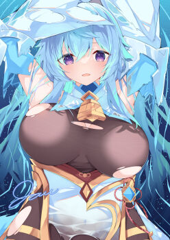 1girl absurdres alternate_breast_size_(larger) arms_up bell blue_hair bodystocking breasts breasts_apart commentary_request cowbell cowboy_shot detached_sleeves fine_fabric_emphasis ganyu_(genshin_impact) genshin_impact highres jam_(jamjam777) large_breasts long_hair looking_at_viewer neck_bell open_mouth paid_reward_available purple_eyes shallow_water signature smile solo torn_bodystocking torn_clothes underbust water