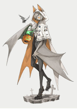 1girl :d absurdres animal animal_ears bat_(animal) bat_ears bat_girl black_necktie cloak collared_shirt commentary_request crop_top ears_through_headwear fangs fire full_body green_fire grey_background grey_hair hair_over_one_eye highres holding hood hood_up hooded_cloak jack-o&#039;-lantern necktie open_mouth orange_eyes original sanshouuo scar scar_on_face shirt simple_background smile solo square-end_necktie standing standing_on_one_leg symbol-shaped_pupils white_cloak white_shirt winged_arms wings x-shaped_pupils