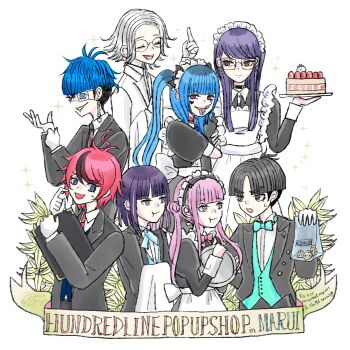 3girls 5boys :t absurdres ahoge amemiya_darumi aotsuki_eito apron arm_hug back_bow bag black_bow black_choker black_dress black_hair black_hairband black_jacket black_necktie black_streaks blue_eyes blue_hair blue_vest bow bow_hairband bowtie butler cake character_charm charm_(object) choker closed_eyes collared_shirt commentary cookie double_bun dress earrings english_text eye_print eyepatch face_piercing facial_mark food frills glasses glove_pull gloves green_bow green_bowtie green_vest grey_hair hair_bow hair_bun hairband heart heart_facial_mark highres holding holding_bag holding_menu holding_plate jacket jewelry juliet_sleeves long_hair long_sleeves maid maid_apron maid_headdress maruko_gaku menu multicolored_hair multiple_boys multiple_girls necktie official_alternate_costume omokage_yugamu piercing pink_bow pink_bowtie pink_eyes pink_hair plate pointing pointing_up print_eyepatch puffy_sleeves purple_hair red_eyes red_hair red_necktie rj_octr scratching_cheek shirt shizuhara_hiruko short_hair sirei_(hundred_line) strawberry_shortcake streaked_hair sumino_takumi sweatdrop the_hundred_line_-last_defense_academy- tongue towel towel_on_arm tsukumo_ima tsukumo_kako twintails vest watermark white_apron white_background white_bow white_jacket white_shirt