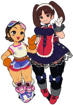 Rule 34 | 2girls, apron, arm up, brown eyes, brown hair, choker, crop top, cuffs, dress, emi (fighting vipers), fighting vipers, fighting vipers 2, gloves, goggles, goggles on head, hand on own hip, high heels, highres, honey (fighting vipers), inktaru, maid apron, maid headdress, multiple girls, orange gloves, sega, short hair, shorts under shorts, smile, sticker, sticker on face, thighhighs, transparent background, twintails, white gloves
