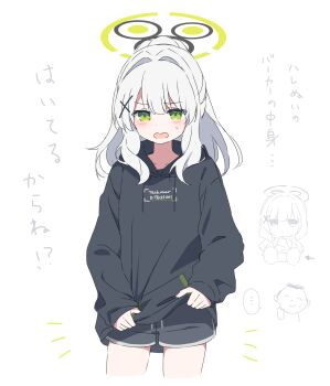 Rule 34 | black halo, black hoodie, black shorts, blue archive, blush, center-flap bangs, clothes lift, collarbone, commentary request, cowboy shot, cropped legs, doodle sensei (blue archive), drawstring, fumo (doll), green eyes, green halo, hair between eyes, hair intakes, halo, hare (blue archive), highres, hood, hood down, hoodie, hoodie lift, lifting own clothes, long hair, long sleeves, looking at viewer, mochigome (ununquadium), open mouth, peanut mouth, ponytail, print hoodie, sensei (blue archive), short shorts, shorts, sidelocks, simple background, sleeves past wrists, standing, sweat, translation request, white background
