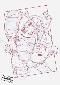 Rule 34 | digimon, digimon (creature), highres, long hair, minervamon, minervamon x-antibody, monochrome, personification, sharp teeth, sketch, smile, teeth, tokomon, tokomon x-antibody