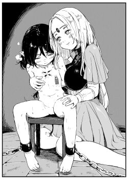 2girls absurdres age_difference arms_behind_back bdsm blush bondage bondage_cuffs border bound breasts chain chair chest_tattoo clothed_female_nude_female cuffs female_focus femdom flat_chest forehead_jewel greyscale highres iwaku_waku large_breasts loli long_hair looking_at_another molestation monochrome multiple_girls nipple_piercing nipple_stimulation nude onee-loli original piercing pointy_ears pussy restrained sex_slave shackles sitting skirt slave tattoo textless_version turtleneck white_border yuri