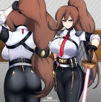 1girl absurdres adjusting_hair armband artist_logo ass axasempai back black_armband black_choker black_gloves black_jacket black_pants breast_pocket breasts button_gap chest_harness choker closed_mouth collared_shirt cosplay energy_sword frilled_shirt_collar frills gloves green_eyes hair_between_eyes hair_ornament hand_on_own_hip hand_to_blade harness high-waist_pants high_ponytail highres iris_(mega_man) iris_-another-_(mega_man) jacket jacket_on_shoulders jewelry large_breasts logo long_hair looking_at_viewer low-tied_long_hair mega_man_(series) mega_man_x_(series) mega_man_x_dive necktie pants pocket ponytail rapier red_necktie shirt solo solo_focus sword tight_clothes tight_pants two-tone_background very_long_hair weapon white_shirt wuthering_waves zani_(wuthering_waves) zani_(wuthering_waves)_(cosplay)