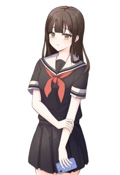 Rule 34 | 1girl, black hair, black sailor collar, black skirt, brown eyes, cellphone, commentary request, dabrew, long hair, original, phone, sailor collar, sailor senshi uniform, school uniform, simple background, skirt, smartphone, standing, white background