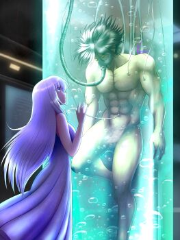 1boy 1girl absurdres against_glass black_hair body_tube breasts bubble cable electrodes encasement hand_on_glass highres in_container isolde_(kof) laboratory liquid long_hair multicolored_hair muscular muscular_male nameless_(kof) nude oxygen_mask restrained short_hair snk split-color_hair stasis_tank submerged the_king_of_fighters the_king_of_fighters_2002 tube two-tone_hair valkyriori vat water_tank white_hair