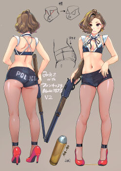 .44-40 1girl :3 arrow_(symbol) artist_name ass asymmetrical_hair badge bikini bikini_top_only black_bikini black_neckwear black_shorts blush breasts brown_eyes brown_hair bullet carina_(xiaowoo) cartridge character_name cleavage closed_mouth clothes_writing commentary_request contrapposto detached_collar detached_sleeves earrings english_text from_behind full_body grey_background gun hair_intakes hair_ornament hairclip hand_on_own_hip high_heels highres hip_focus holding holding_gun holding_weapon japanese_text jewelry kishi_mieko legs legs_apart light_smile lipstick looking_at_viewer makeup midriff multiple_views nail_polish navel neck_ribbon onna_shunin_kishi_mieko outline pantyhose pantyhose_under_shorts partially_translated pigeon-toed pink_lips pink_nails police_badge red_footwear ribbon rifle see-through_clothes see-through_legwear sheriff_badge shoes short_hair short_shorts shorts signature simple_background single_hair_intake skindentation small_breasts smile standing stomach swept_bangs swimsuit thighs translation_request wavy_hair weapon winchester_model_1873