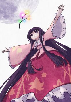 1girl ay606078 bamboo_print bow bowtie branch brown_eyes brown_hair closed_mouth commentary english_commentary frilled_skirt frills from_below full_moon highres houraisan_kaguya jeweled_branch_of_hourai long_hair long_skirt mixed-language_commentary moon outstretched_arms pink_shirt print_skirt red_skirt shirt simple_background skirt smile solo spread_arms touhou very_long_hair white_background white_bow white_bowtie wide_sleeves