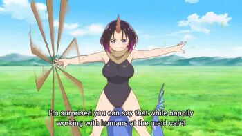 2girls animated anime_screenshot attack audible_speech bare_shoulders black_hair black_leotard blush bouncing_breasts breasts curvy day dragon_girl dragon_horns dragon_tail elma_(maidragon) fighting floating floating_hair flying gloves gradient_hair headdress horns japanese_audio kobayashi-san_chi_no_maidragon large_breasts leotard long_hair looking_at_another magic_circle maid multicolored_hair multiple_girls open_mouth orange_eyes orange_hair outdoors ryona scarf sharp_teeth short_hair sideboob single_horn sound tagme tail teeth tohru_(maidragon) twintails video white_gloves wide-eyed wide_hips
